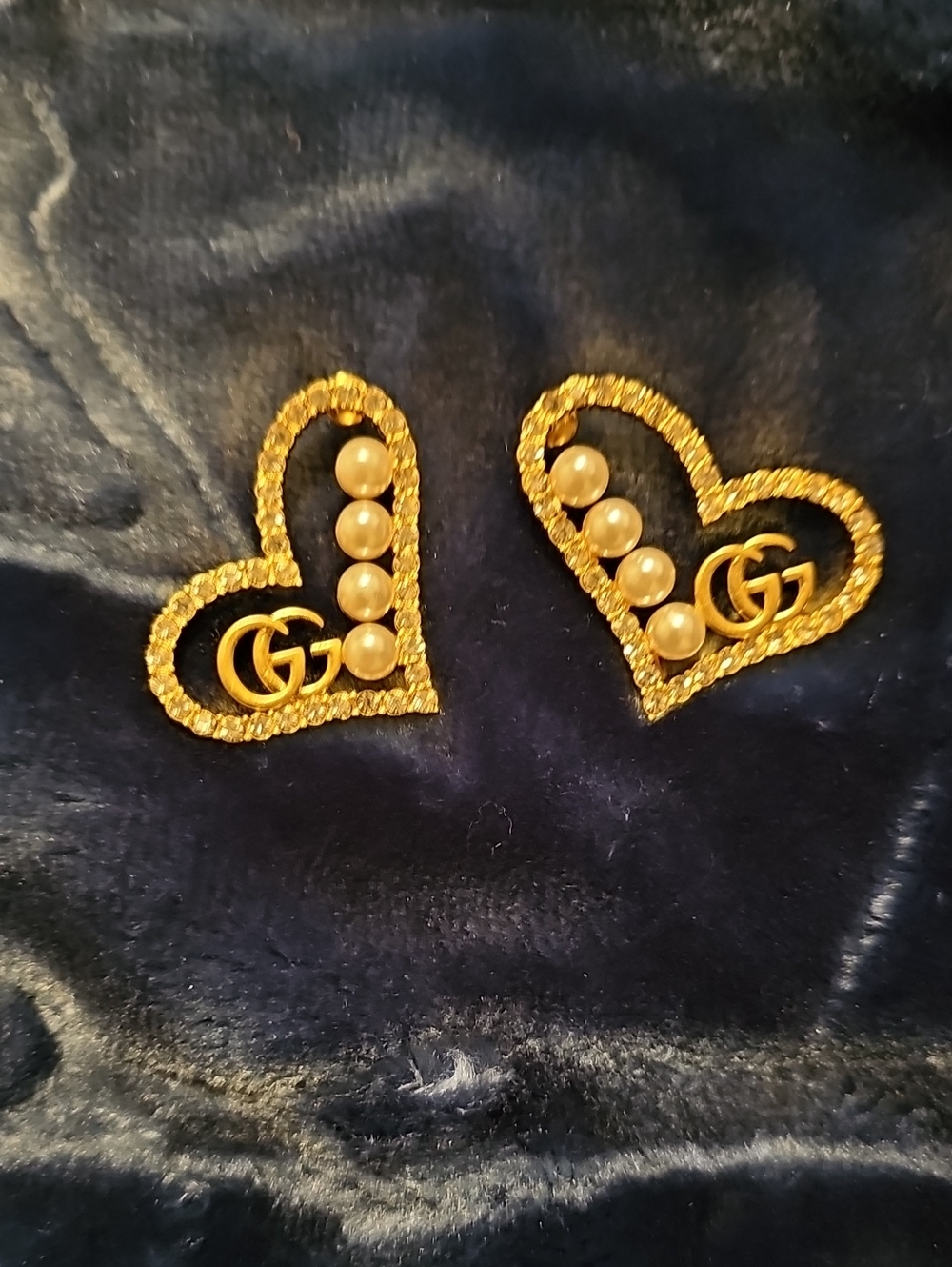 GG Gold Heart Pearl Accent Earrings